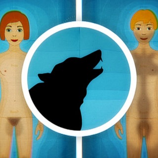 Grafik von einem Mädchen und einem Jungen mit einem heulenden Werwolf in der Mitte