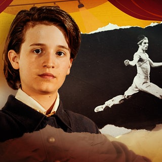 Collage aus einem Bild des historischen Rudolf Nurejew und der Filmfigur.